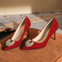 813-2 紅色高跟婚鞋女細跟2024年新款秀禾新娘鞋尖頭淺口婚宴單鞋