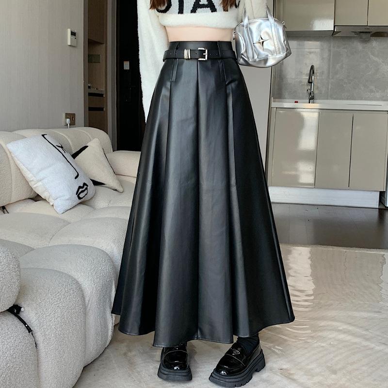 PU皮半身裙女2025秋季新款百搭大摆皮裙中长a字裙遮胯显瘦皮长裙|undefined