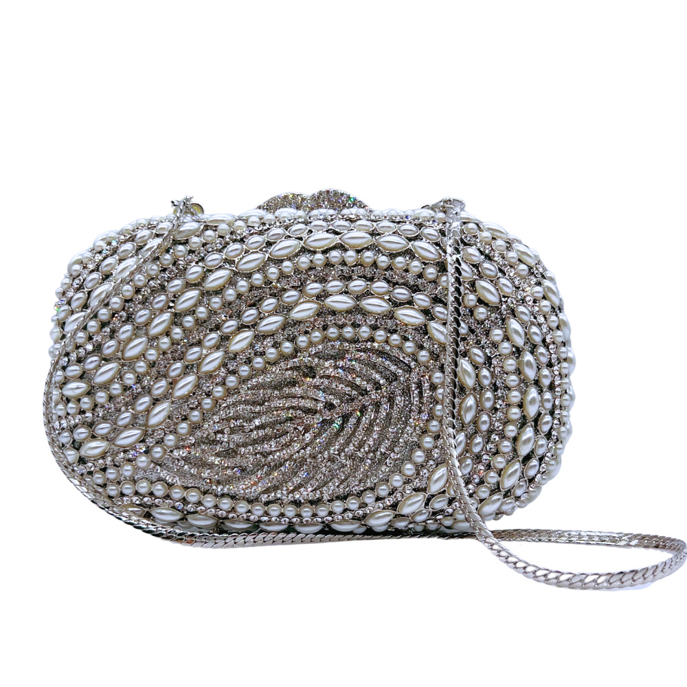 Túi clutch dạ tiệc đính kim cương rỗng lá phong cách mới — Màu trắng, Ngọc trai bạc, Bạc pha lê trắng, Màu sâm panh