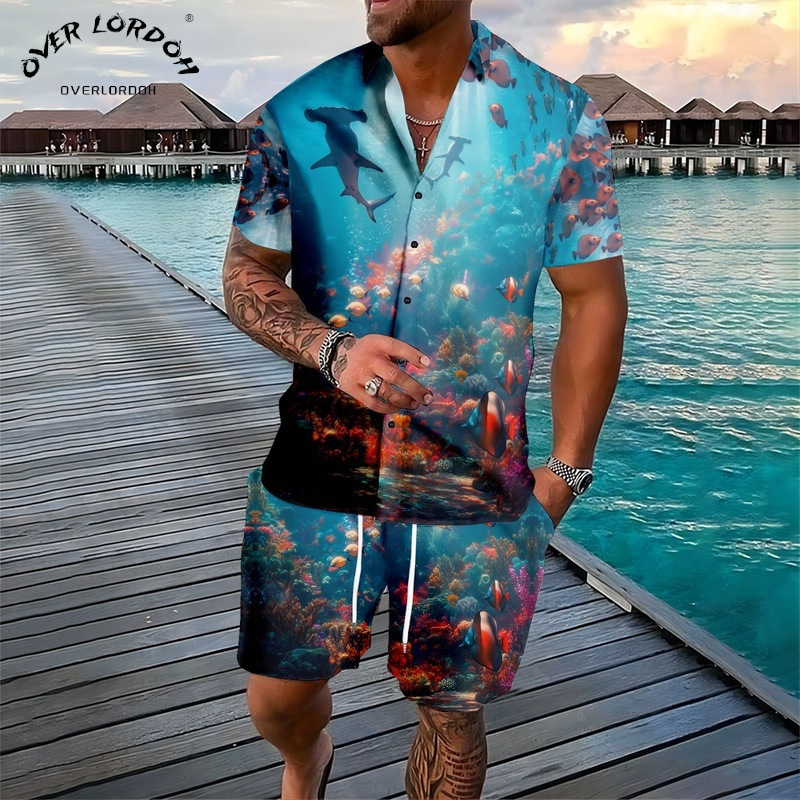 Cross-border four-sided lapel casual shirt marine master marine life shark 3D print shirt beach pants suit
