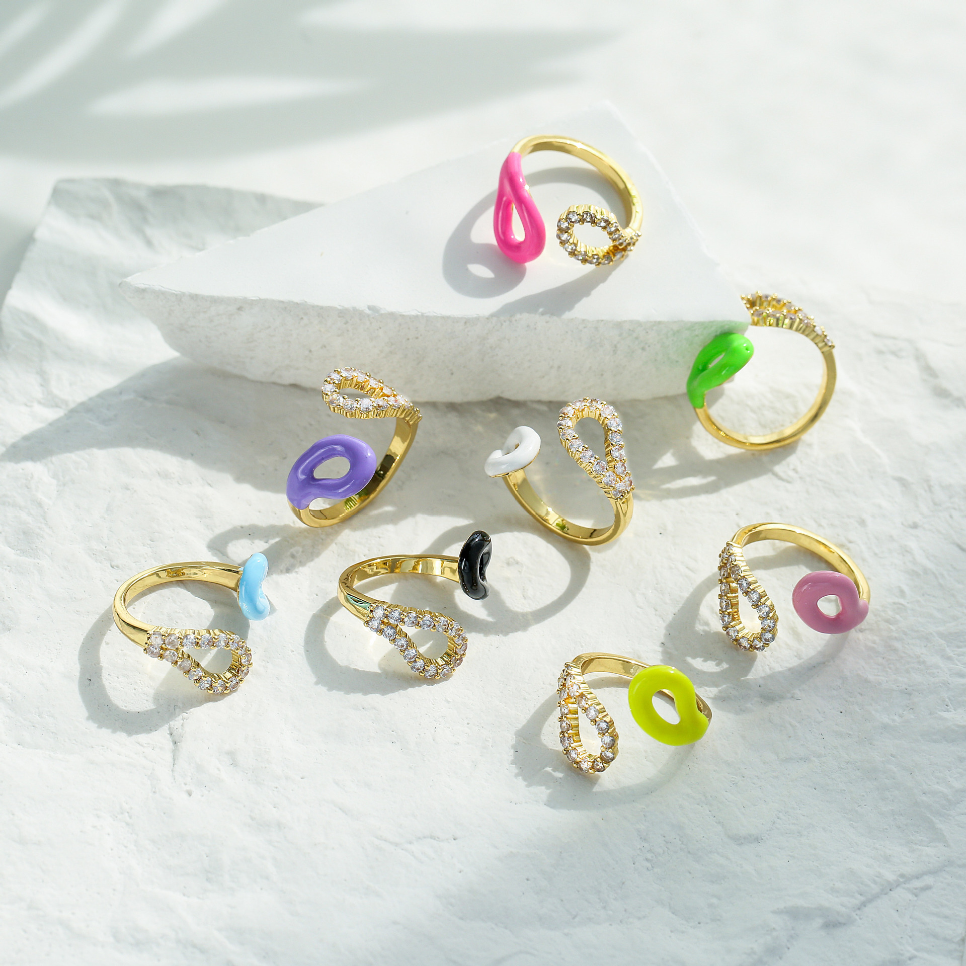 Colorful Dripping Oil Ring Geometric Open Zircon Inlaid Ring Copper Plating 18K Real Gold