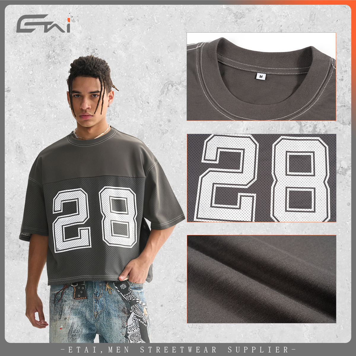 ETAI Hombre| Camiseta deportiva americana, camiseta de estilo, marca de moda masculina, tela de malla de alta calidad, línea de contraste de color, manga corta, ancha