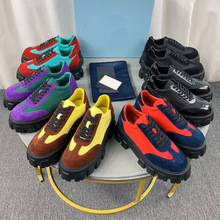 欧美2024新款松糕厚底乐福鞋女圆头系带牛皮尼龙布拼色休闲小皮鞋