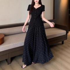 实价实拍2025夏装新款胖mm大码女泡泡袖小衫上衣波点半身裙裤套装