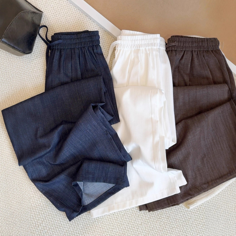 Denim Blue Straight-Leg Pants for Women, Vintage Textured Drawstring, High-End Drape, High-Waisted, Slimming, Wide-Leg Casual Pants A6291