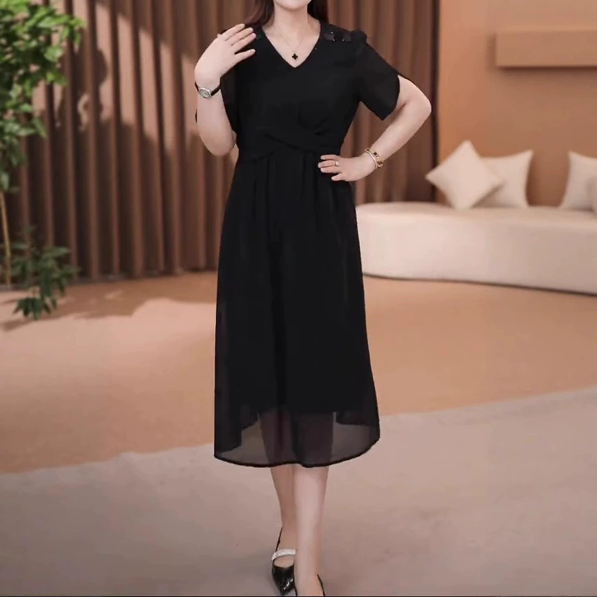 Летнее новое европейское модное легкое роскошное шифоновое кружевное сексуальное утягивающее платье больших размеров для мам среднего возраста.