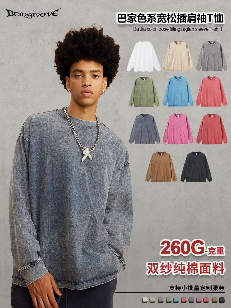Camisetas de Manga Larga de Algodón Puro, Estilo Retro, Lavadas, de Marca de Moda Europea y Americana para Hombre, Estilo Holgado para Adolescentes, Exportación 2025