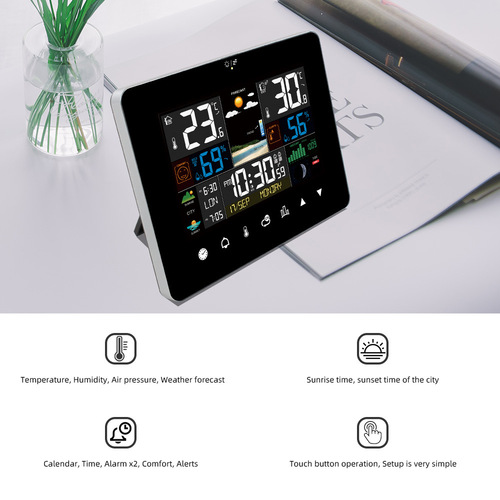 Color screen touch weather clock 3362G RF sensing temperature and humidity meter weather forecast clock large screen weather station
