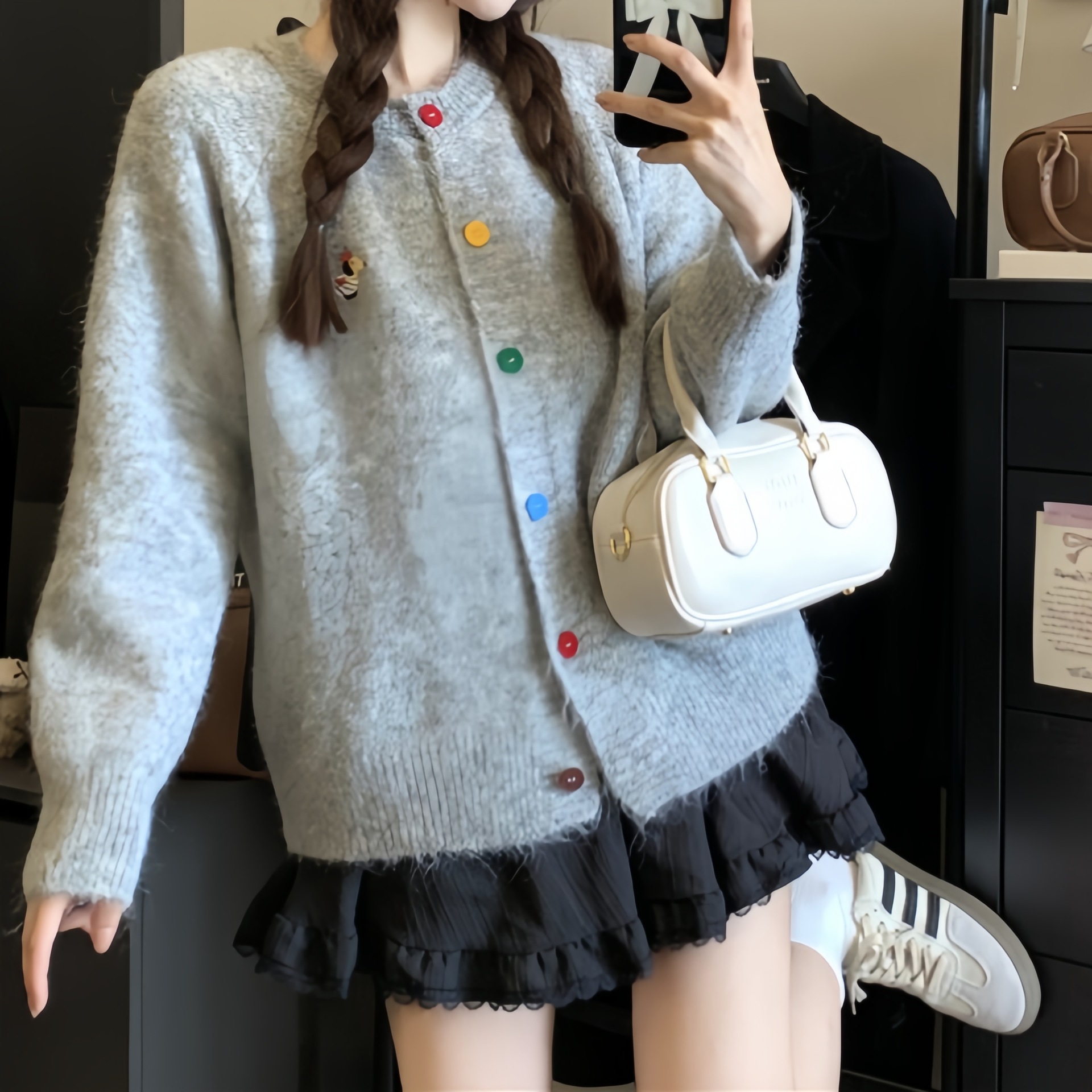 (2개) 가을과 겨울 캔디 컬러 버튼 스웨터 카디건 여성 강아지 자수 소프트 왁스 코트 스위트 올 매치 아메리칸 스타일 레트로 탑