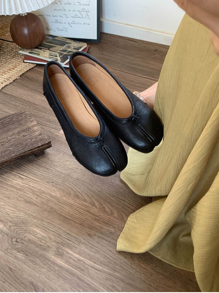 Giày búp bê nữ da bò thật mũi tách ngón gót vuông thô cổ thấp gót 3–6 cm — Da màu đen, hàng có sẵn, Da màu đỏ, hàng có sẵn chi tiết 17