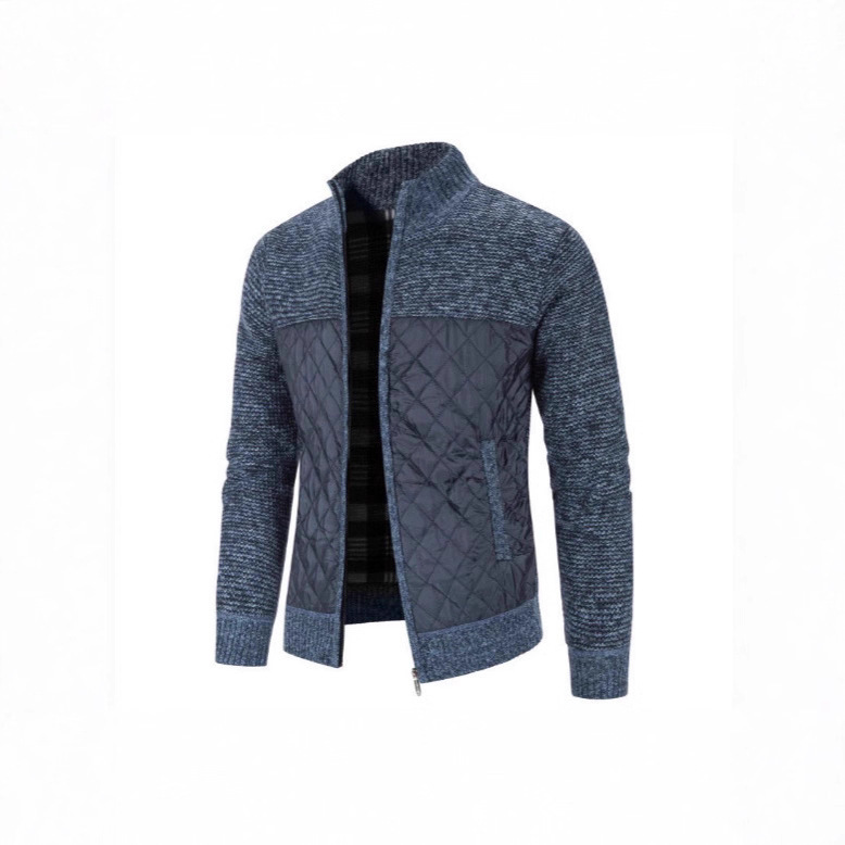 Year-Round Autumn and Winter Men's Patchwork Plaid Color-Blocked Velvet Casual Stand-Up Collar Sweater Fashionable Cardigan Sweater Jacket