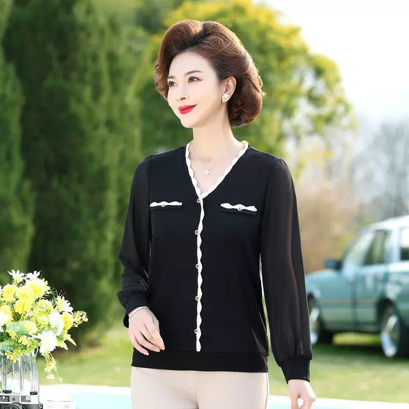 Модная универсальная трикотажная рубашка в стиле вестерн для мам на весну и осень, элегантный черный утягивающий Топ для женщин среднего и пожилого возраста