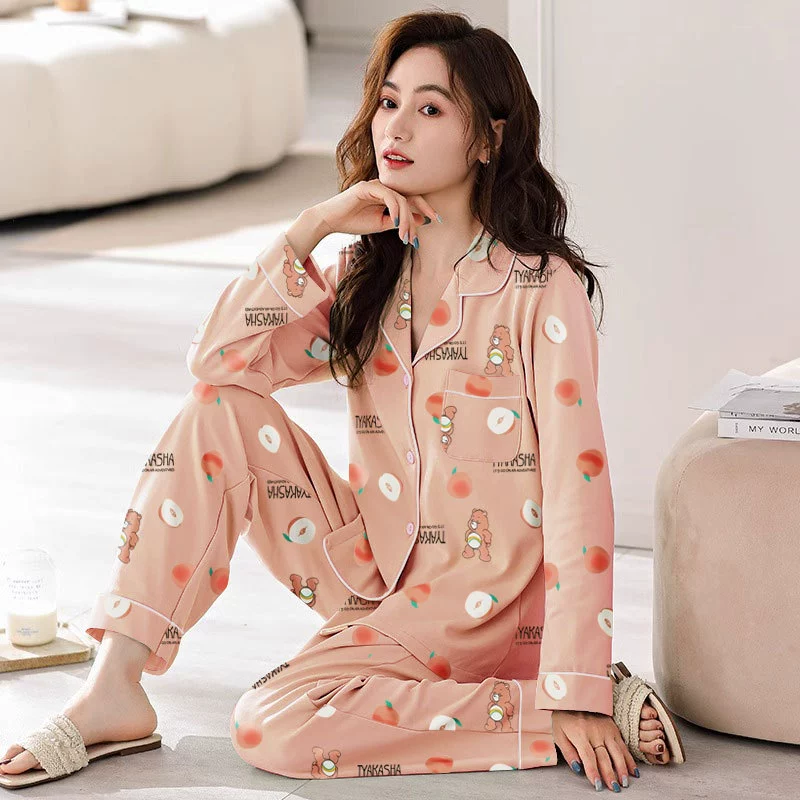 Autumn pijama, thin long-sleeve, cute trousers, set, Korean style, oversize, plus size