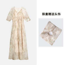连衣裙女夏高品质裙子新款气质小个子雪纺收腰显瘦中长款印花