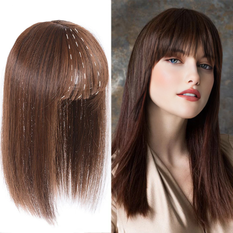 Women's Wig with Air Bangs, Long Straight Hair, Hairpiece for Adding Volume at the Top of the Head, Cross-Border E-Commerce High-Quality Collarbone-Length Wig