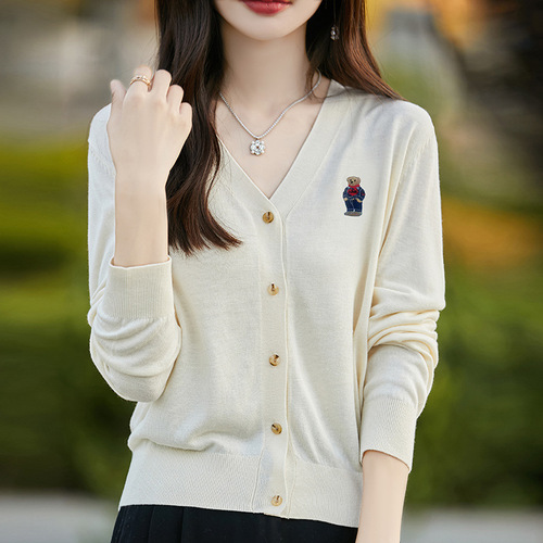 Wholesale knitted cardigan bear embroidered top autumn 24 new style lazy worsted long-sleeved V-neck sweater coat