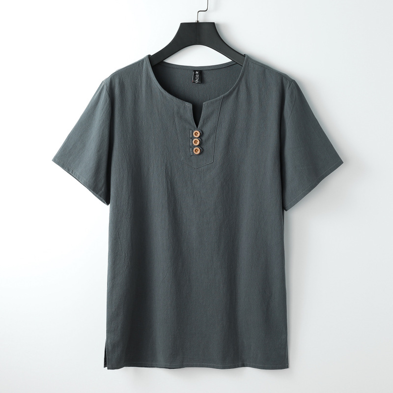 リネン Tシャツメンズ半袖夏ルーズメンズ中国風綿とリネン半袖トレンディな中国風メンズボタンダウントップ|undefined