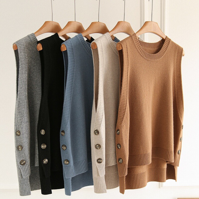 Women's Autumn Outer Wear Loose and Versatile Knitted Vest Sweater Sleeveless Vest Layered Round Neck Women's Irregular Slit Women