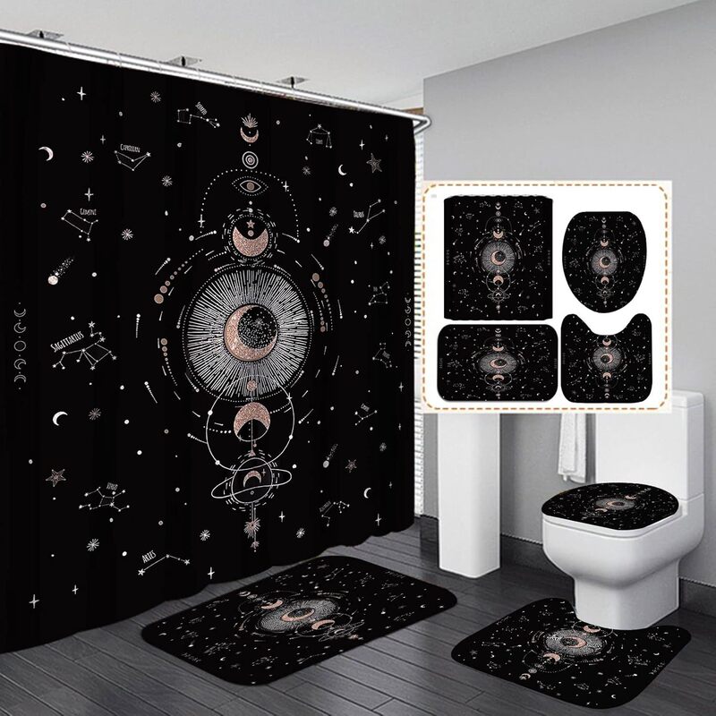 Set of 4 Constellation Shower Curtain suit, Rose Gold Flash Sun Moon Star Galaxy Bathroom Toilet Cover Pad U-Shaped