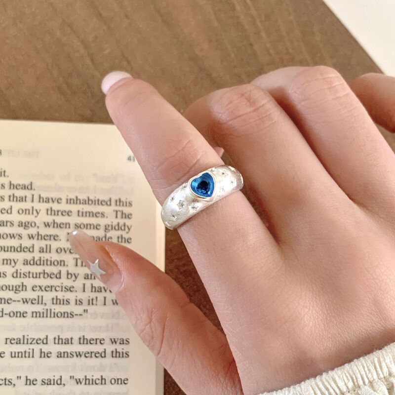 Blue Heart Ring for Women, Simple and Fashionable, Starry Sky, Internet Celebrity, Korean Style Personalized Open Ring, Index Finger Ring, Trendy Blue Heart Ring for Women, Simple and Fashionable, Starry Sky, Internet Celebrity, Korean Style Personalized Open Ring, Index Finger Ring, Trendy