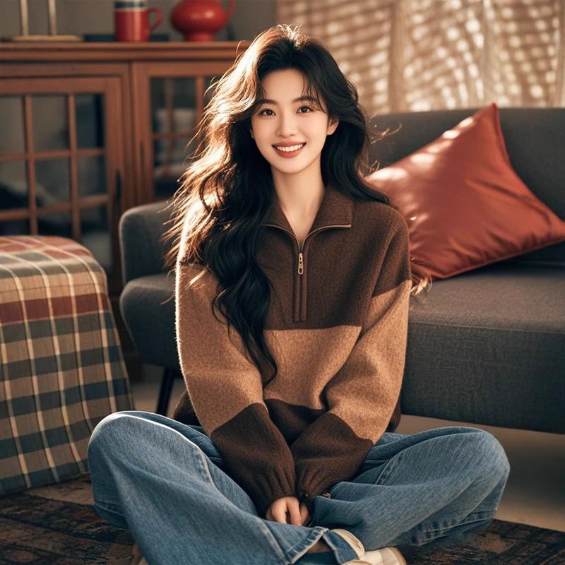 Contrast Color Half-Zip Knitted Sweatshirt Jacket Women's Winter New American Retro High-End Loose Warm Sweater Contrast Color Half-Zip Knitted Sweatshirt Jacket Women's Winter New American Retro High-End Loose Warm Sweater