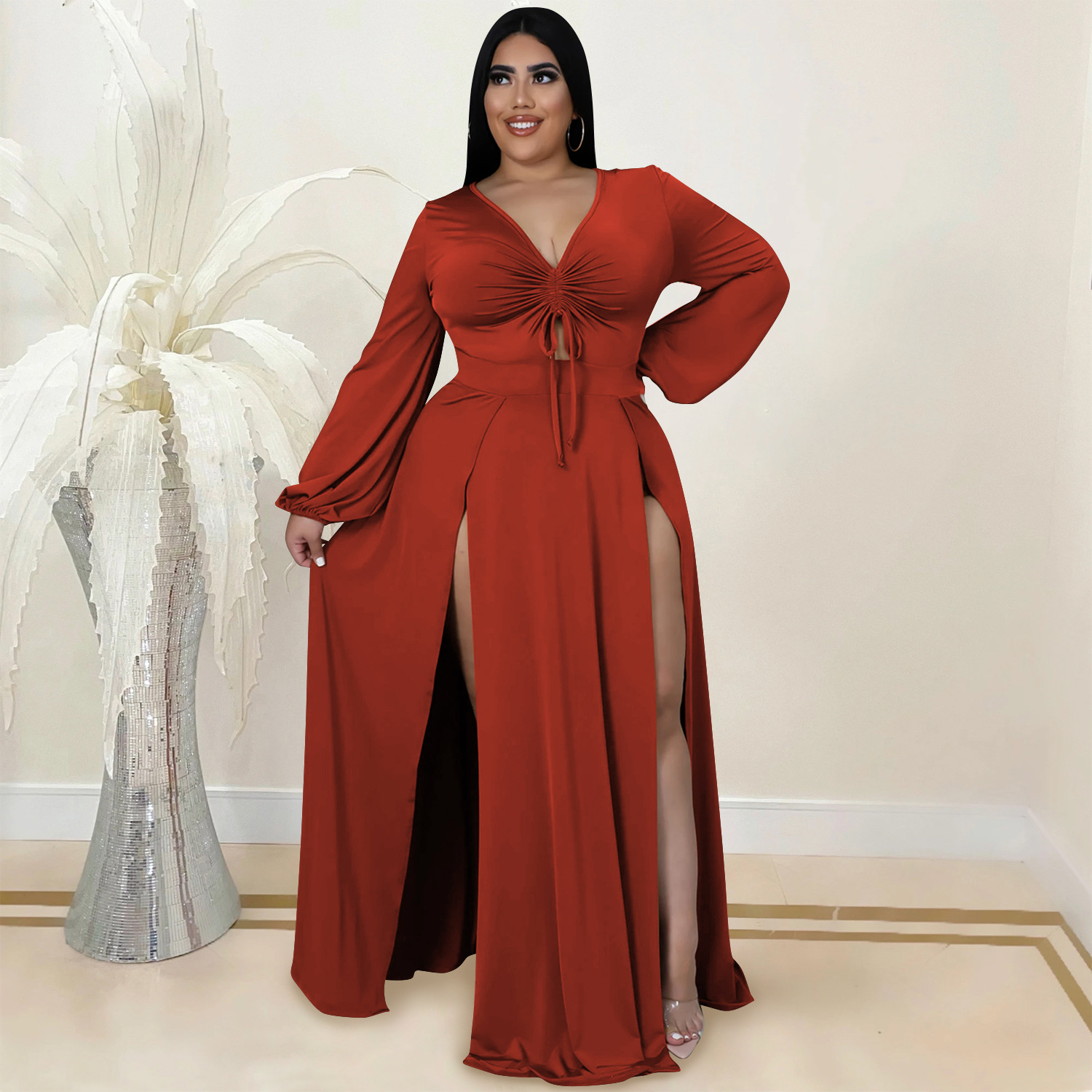 Solid Color Plus Size V-Neck Long-Sleeved Hollow Split Lace-Up Dress With-Separate-Panty NSXYZ110900