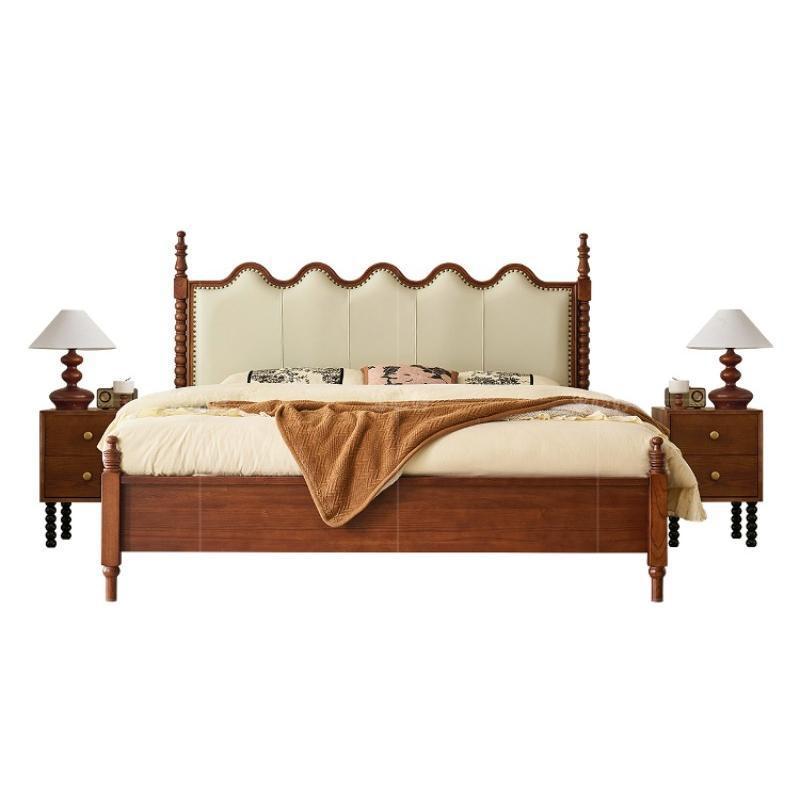 Cama de madera maciza de cuero suave estilo francés ondulado retro Sena cama doble cama principal estilo americano cama de almacenamiento estilo medieval