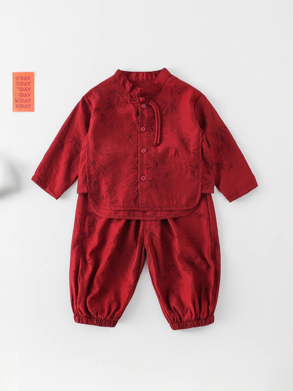 春秋夏季薄款男童中式套装衣服男宝宝红色喜庆抓周服中国风两件套|undefined