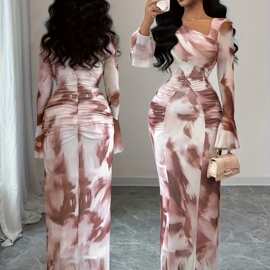 女士秋季新款复古优雅扎染印花网眼设计褶皱修身紧身长袖连衣裙