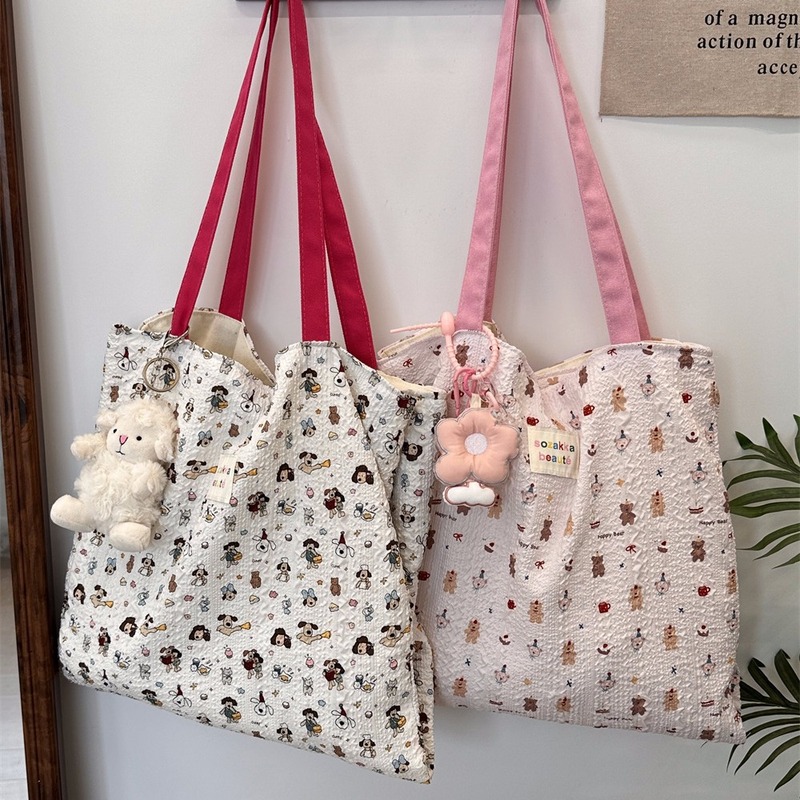 4431 Cute Sweet Printed Puppy Double Layer Canvas Bag Summer New Large Capacity Casual Portable Shoulder Bag