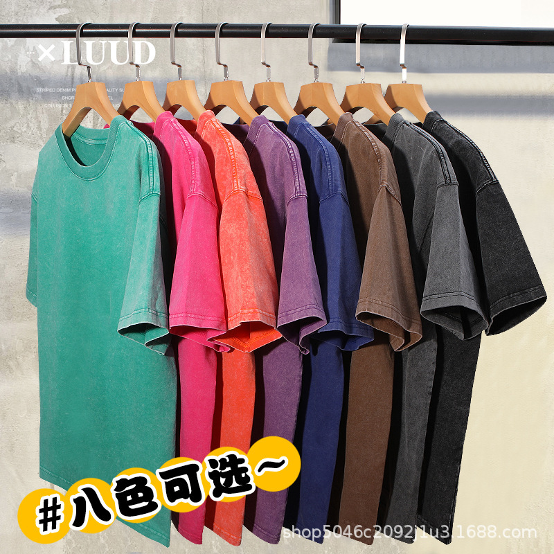 270 Heavy Washed Round Neck Short Sleeve T-shirt Men's Summer Loose All-match Trendy American Style Retro Clothes Old Half Sleeve