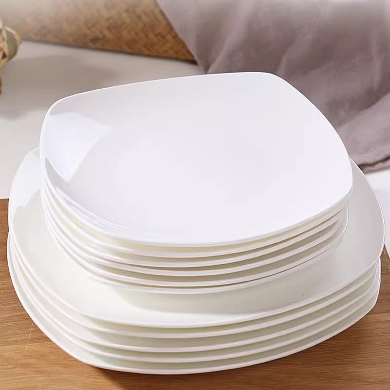 Jingdezhen Pure White Bone China Plate Set Household Ceramic Plate Simple Irregular Square Plate Underglaze Color Soup Plate