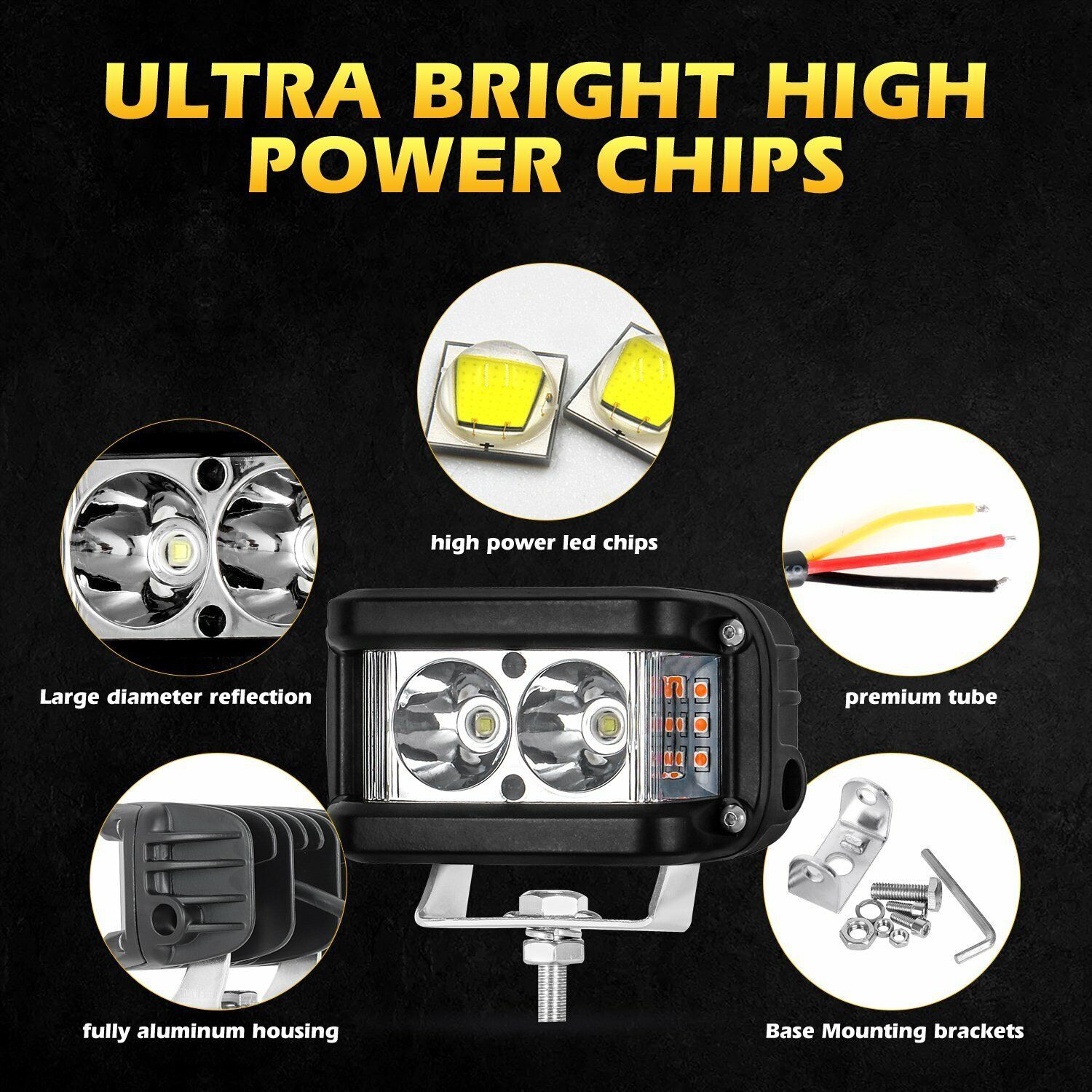 Transfronterizo de 4 pulgadas tres lados iluminados motocicleta led faro 30W super brillante foco impermeable luz de advertencia blanca amarilla image 4