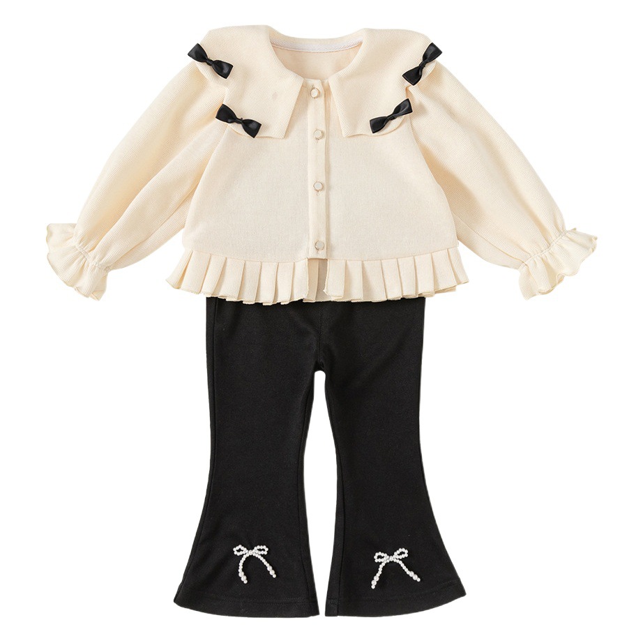 Conjunto de Dos Piezas para Niñas Youbao, Primavera y Otoño, Estilo Chanel, Ropa Infantil, Chaqueta con Solapa y Lazo, Pantalones Acampanados