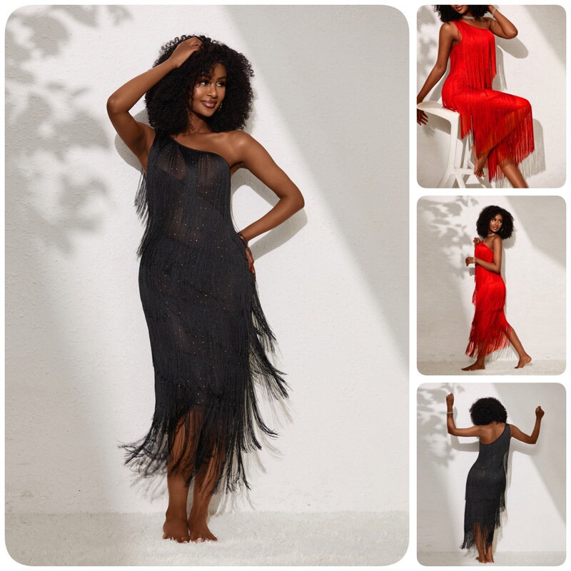 OZON cross-border one-shoulder multi-layer tassel nightgown mesh see-through sequin long sexy party dress for women 1233 OZON cross-border one-shoulder multi-layer tassel nightgown mesh see-through sequin long sexy party dress for women 1233