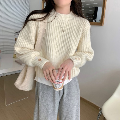 韩版秋冬季新款 纯色灯笼袖套头毛衣女设计感时尚休闲 内搭针织衫|undefined