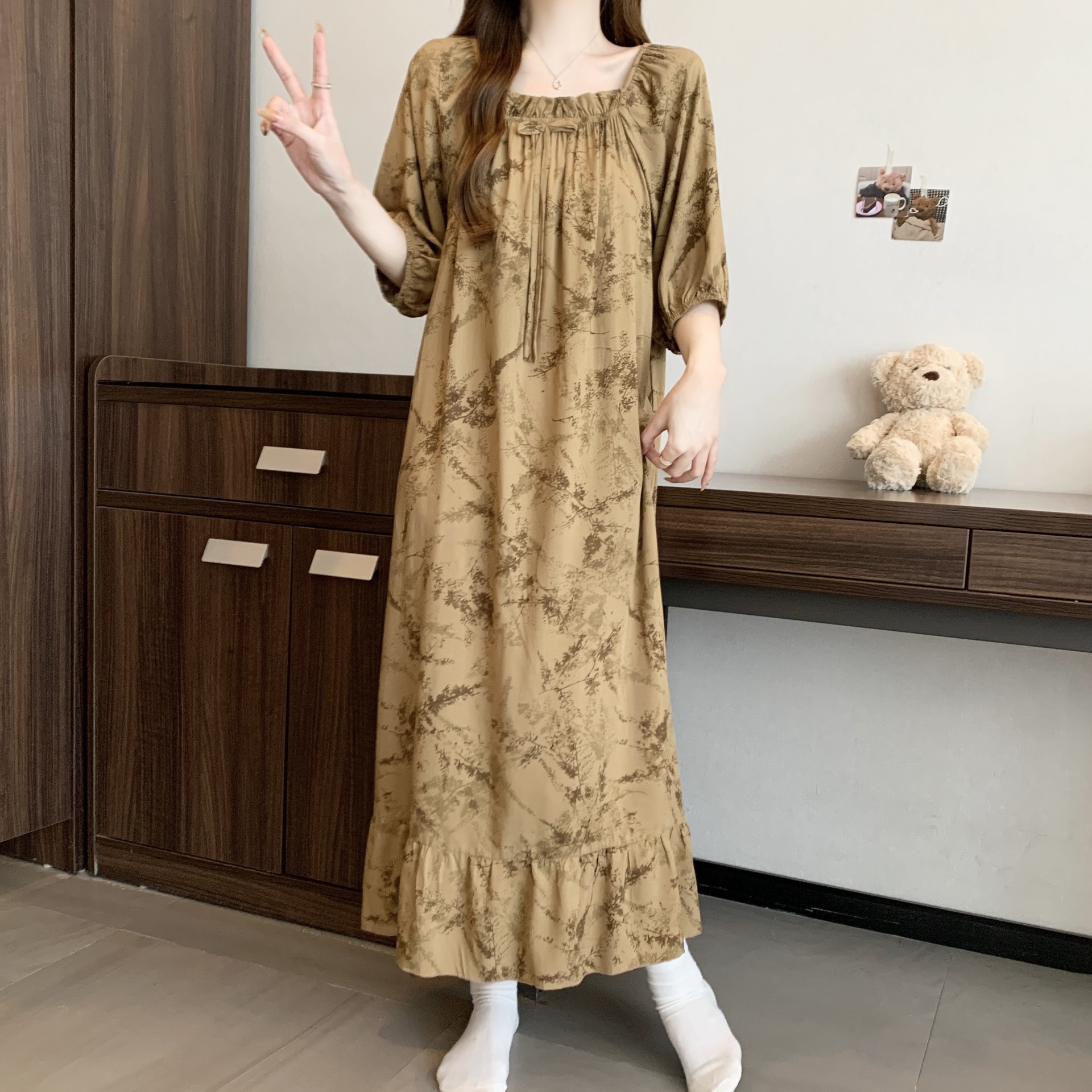 Yaoting pijamas de verano mujeres primavera y otoño encantador impresión suelta vestido larga larga larga ropa de hogar de mangas cortas HDF5291