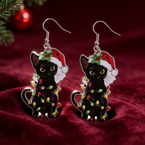 Cross-Border Hot-Selling Cute Black Cat Earrings with Colorful Lights and Christmas Hats, Acrylic Earrings for a 2026 Festive Vibe