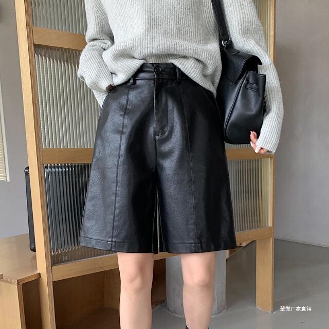 Women's Leather Shorts 2025 Spring and Autumn New Washed Leather Pants High-Waisted Wide-Leg Knee-Length Loose Boot Shorts Straight Mid-Length Pants