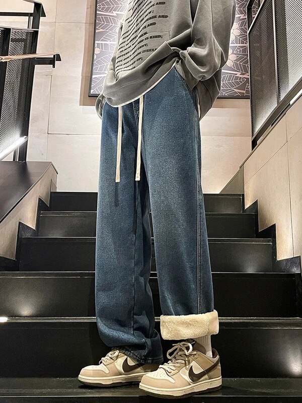 Winter Men's Jeans Korean Fashion Wool-Lined Thick Warm Straight Jeans Washed Cotton Vintage Blue Wide Fit