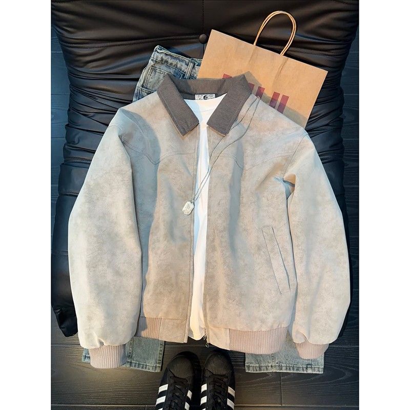 American-Style Purple Tie-Dye Pu Leather Lapel Jacket for Men, Spring and Autumn, High-End Cool Baseball Jacket, Short Workwear Coat