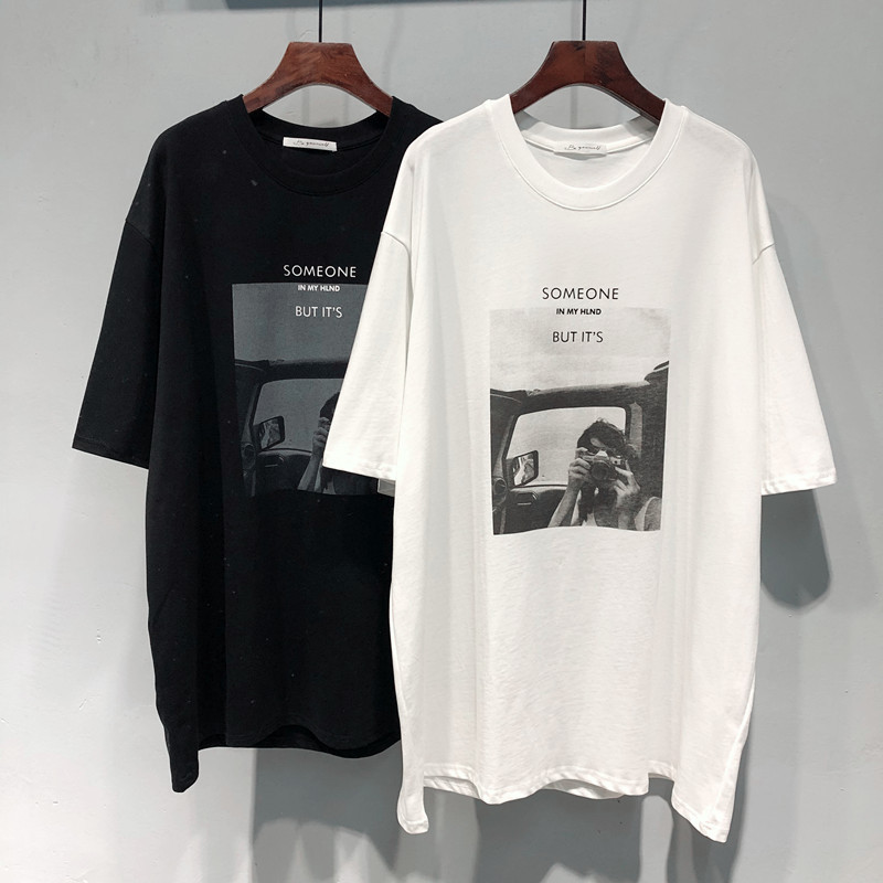 2025 spring and summer South Korea ulzzang new Korean fan beauty figure pattern long loose short sleeve T-shirt women's fashion