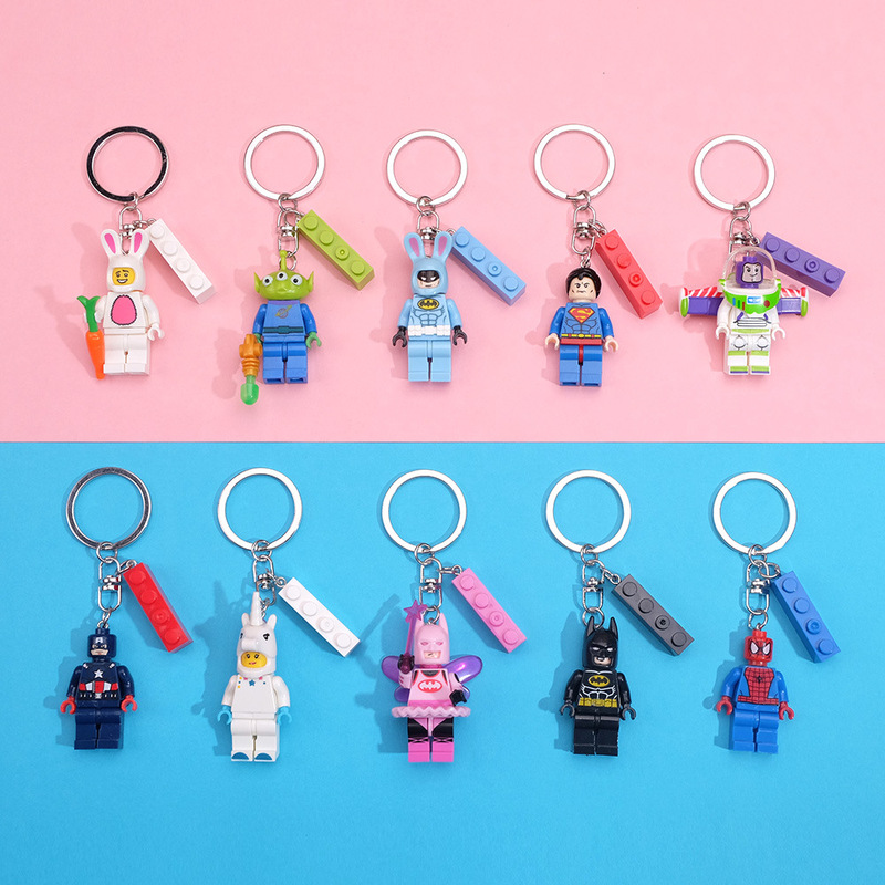 Creative Cute Cartoon Building Blocks Hero US Team Spider Keychain Ring Chain Package Pendant Foreign Trade Cross-border Small Gifts