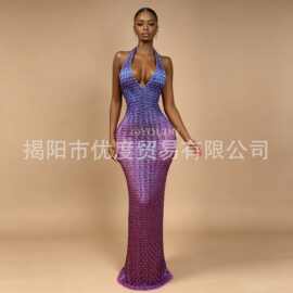 玫红蓝紫渐变闪亮水钻性感挂脖长裙酒会派对礼服时装秀演出冰火甲