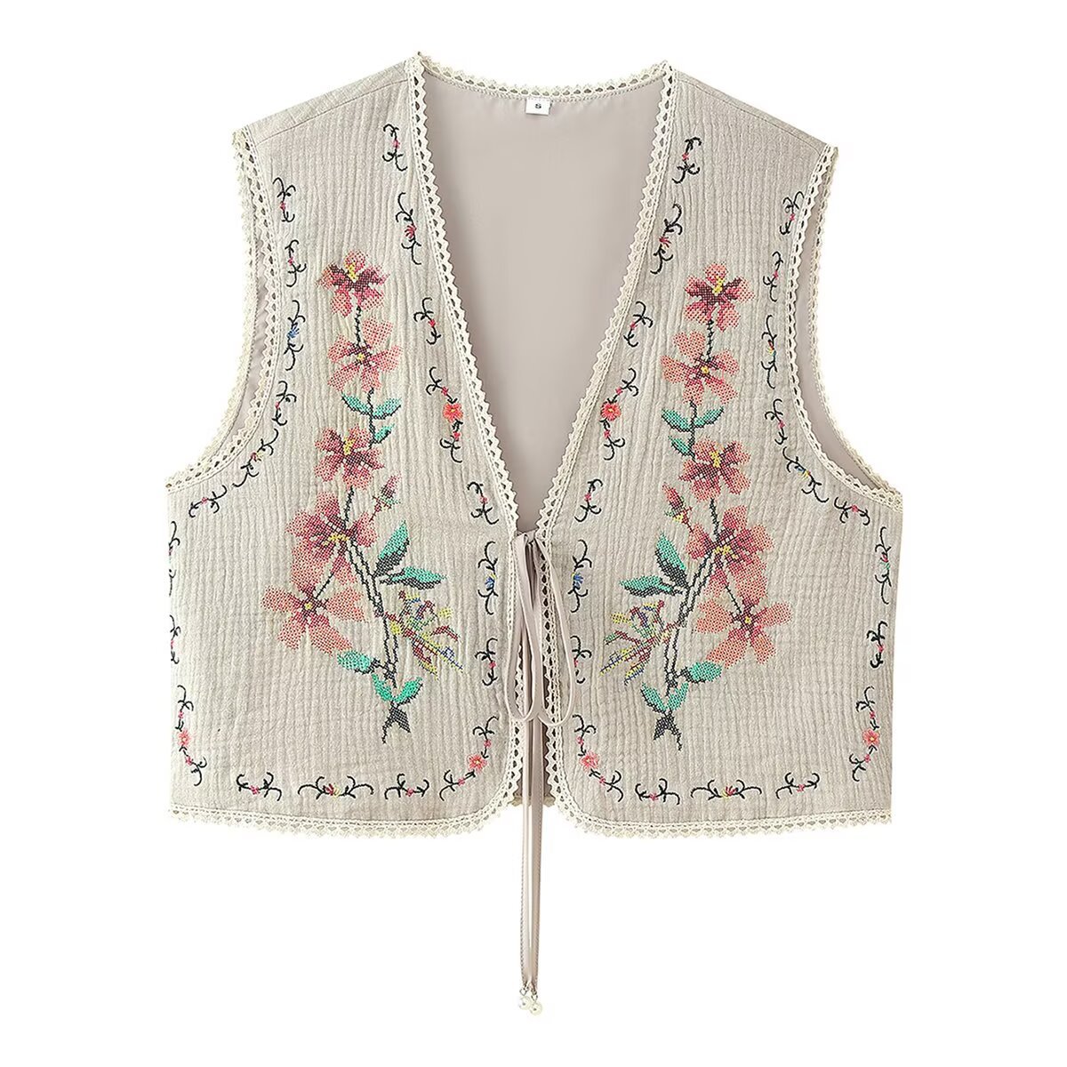 Cross-Border Export Women's Clothing Wholesale 2025 New Summer European and American Style Cotton Floral Lace-Up Embroidered Vest Vest