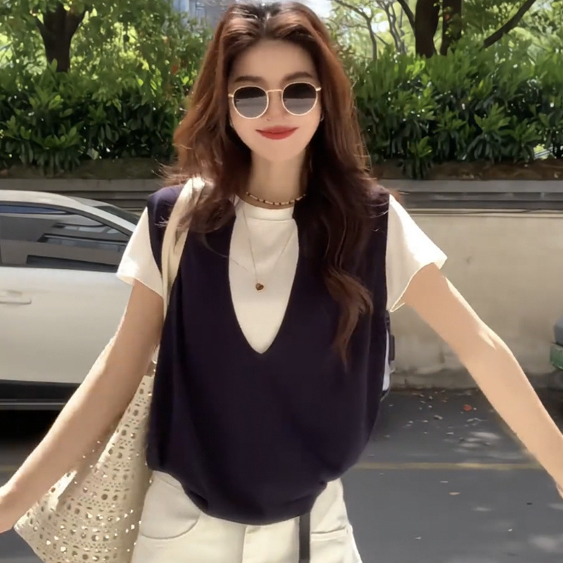 韩版撞色拼接假两件拼接短袖T恤女2025夏季新款圆领时尚上衣ins潮|undefined