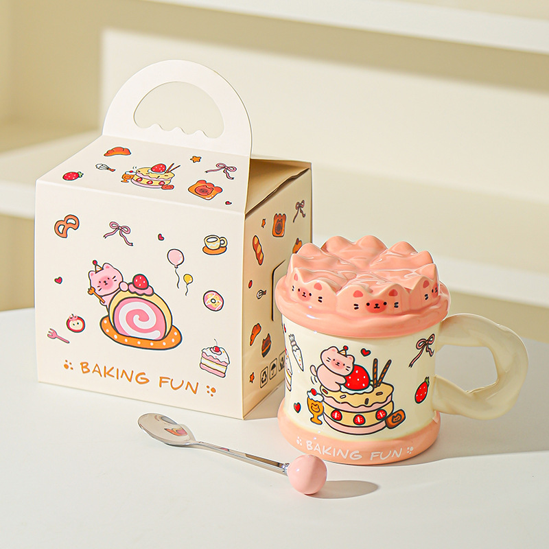 Tarta de cumpleaños pintada a mano, taza de gato, taza de cerámica de alta calidad con cubierta, taza de agua para niñas, taza de cerámica para parejas