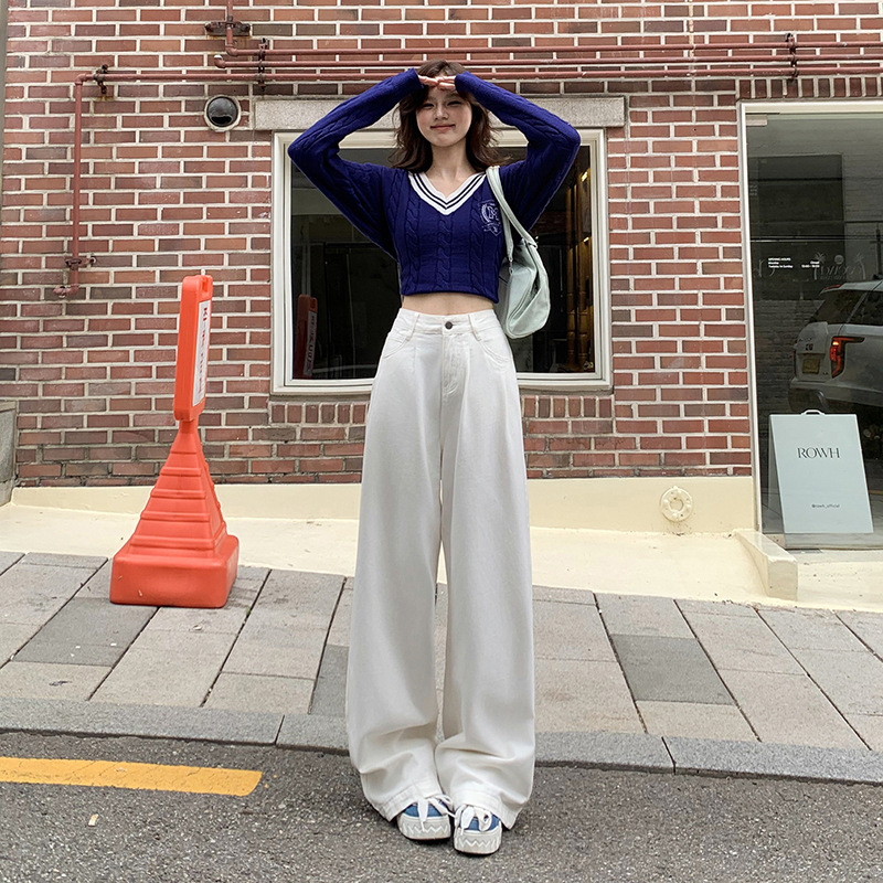 Relaxed White Straight-Leg Jeans Women's Autumn New High Street Design Dipped High Waist Slimming Straight Mop Pants