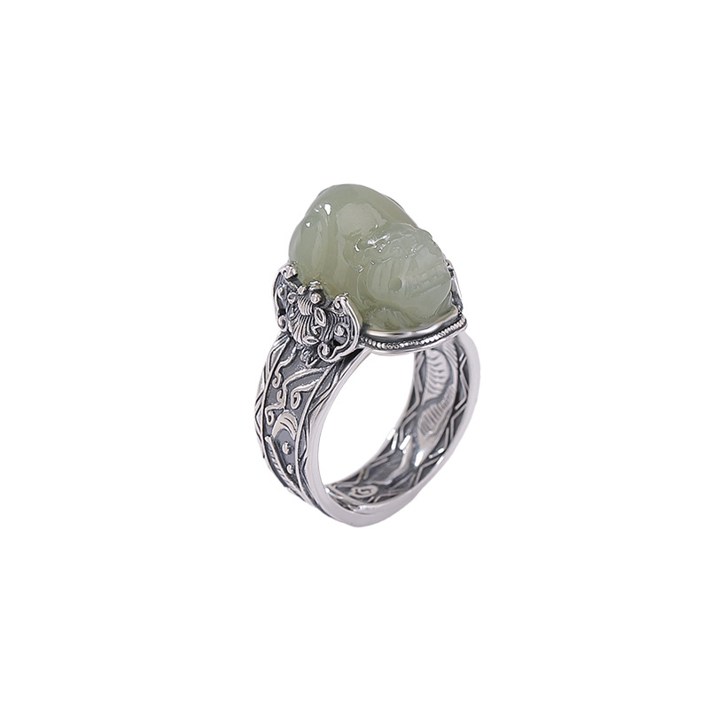 Nhẫn bạc S990 nguyên chất đính ngọc Hetian tự nhiên phong cách Trung Hoa, mặt Pixiu may mắn — một mảnh
