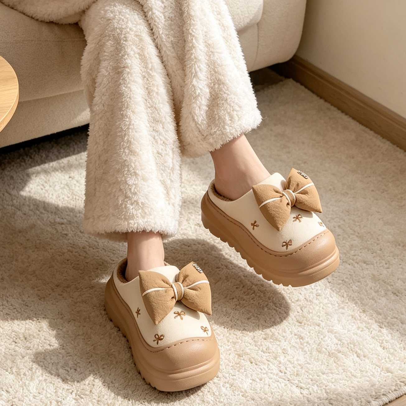 Nuevos zapatillas de algodón de fondo grueso de arco para mujeres de otoño y invierno en el hogar antideslizante pisar sensación de excremento de terciopelo cálido lindas zapatillas de algodón de cabeza